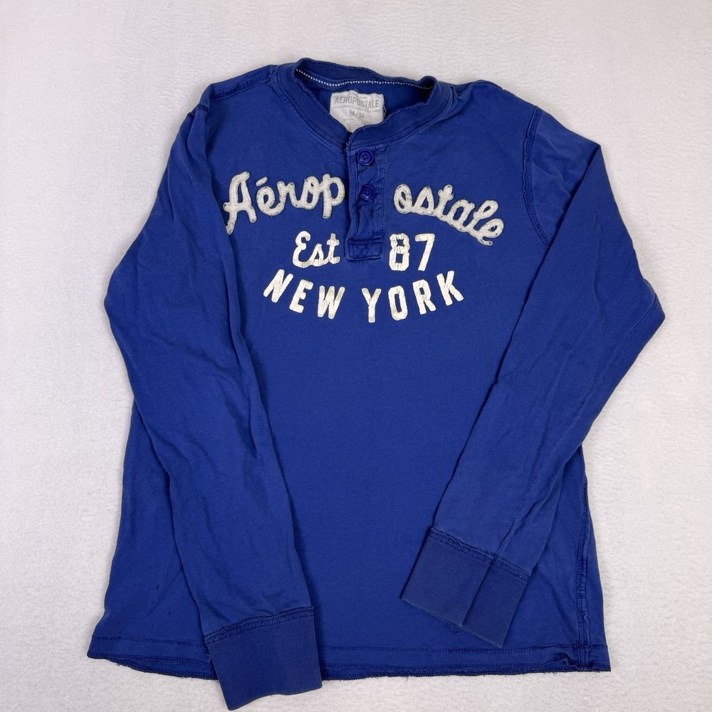 Aeropostale Est 87 New York Blue Long Sleeve Henley Shirt Men's M Distressed